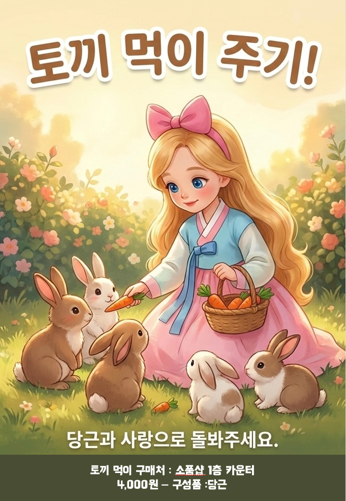 토끼 먹이 구매처와 가격이 적힌 토끼 먹이 주기 안내